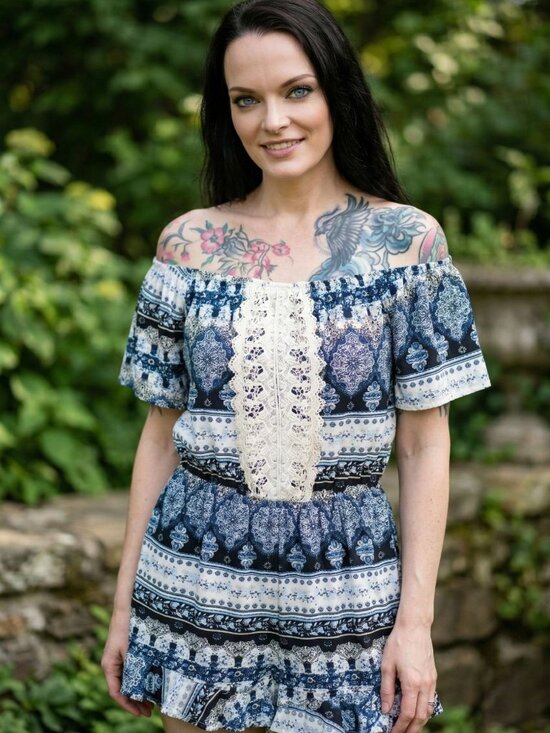 J for Justify Pants - J For Justify ✦ Blue White Off‑Shoulder Boho Romper ✦ Crochet Lace Detail M